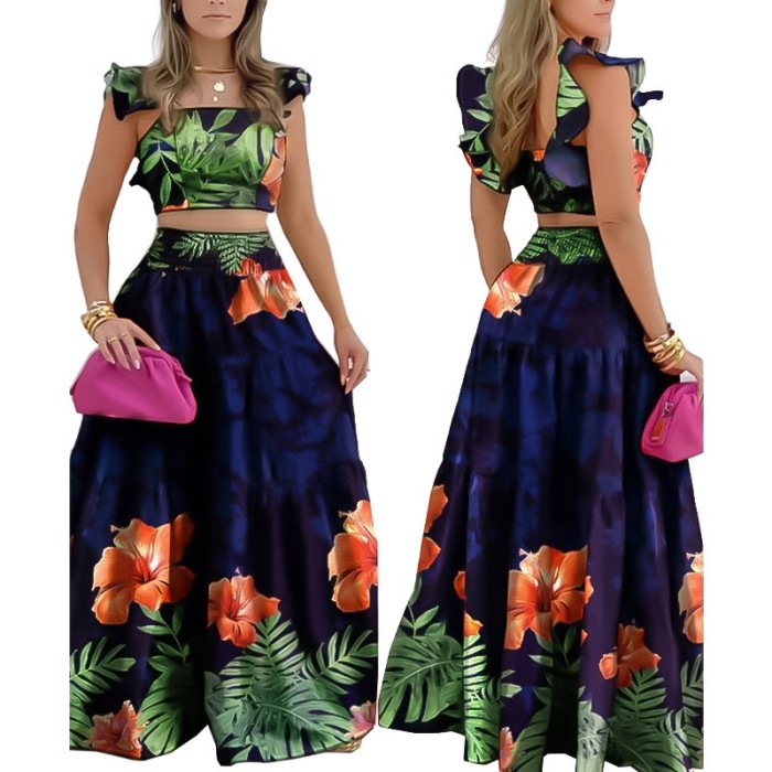 Printed Color Matching Big Swing Skirt Suit