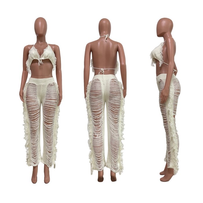 Solid Bikini Tassel Knit Beach Pants Set