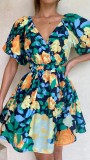 Flower Print Sweet V-neck Mini Dress