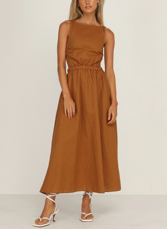 Backless Solid Color Sexy Cotton Midi Dress