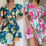 Flower Print Sweet V-neck Mini Dress