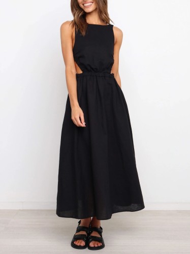 Backless Solid Color Sexy Cotton Midi Dress