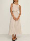 Backless Solid Color Sexy Cotton Midi Dress