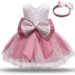 Cute Kids Lace Dress Flower Girl Dresses For 1 Years Old Baby Girl Party Baptism Dress With Hair Band