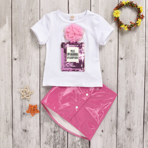 Casual Short Sleeve Soft Shell Toddler Kids Baby Girl Summer Clothes PU Skirt Outfits Set