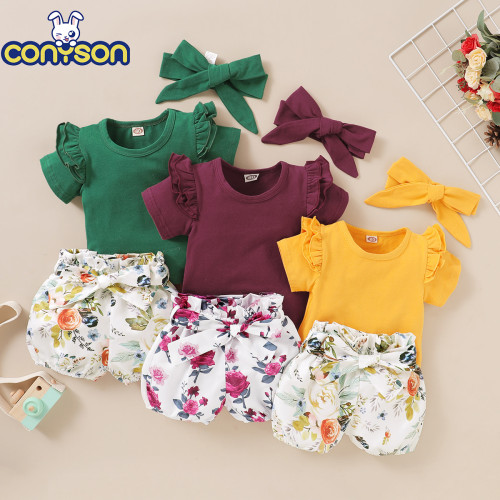 Wholesale 1-7 Years Bow O-Neck Floral Cotton Casual 3 Pcs Kids Girls Summer Clothing Sets