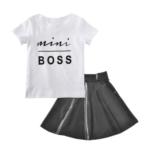Wholesale Short Sleeve Pu Leather Skirt Korean Child Girls Summer 2Pcs Clothes Kids Clothing Set