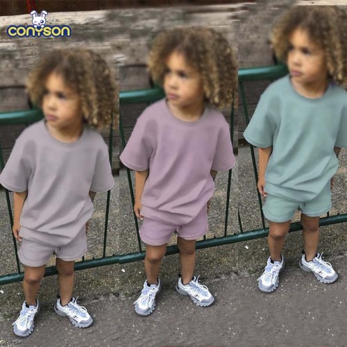 conyson wholesale two piece kids clothes set cotton short sleeve custom boys clothing sets summer kids sweatsuits