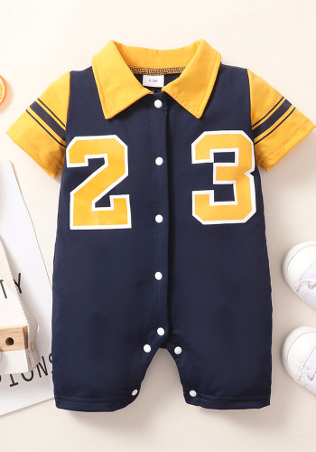 Baby Boy Summer Contrast Color Print Short Sleeve Button Rompers