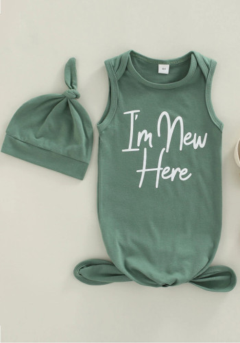 Newborn Baby Summer Green Letter Print Sleeveless Sleeping Bag + Hat