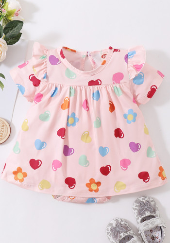 Baby Girl Summer Print Floral Hearts Short Sleeve Dress