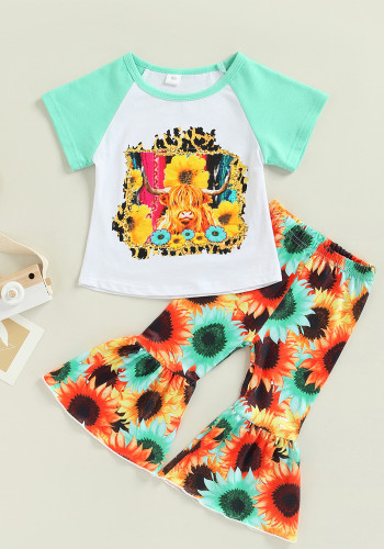 Kids Girl Summer Floral Print Shirt and Flare Pants Two Piece Set