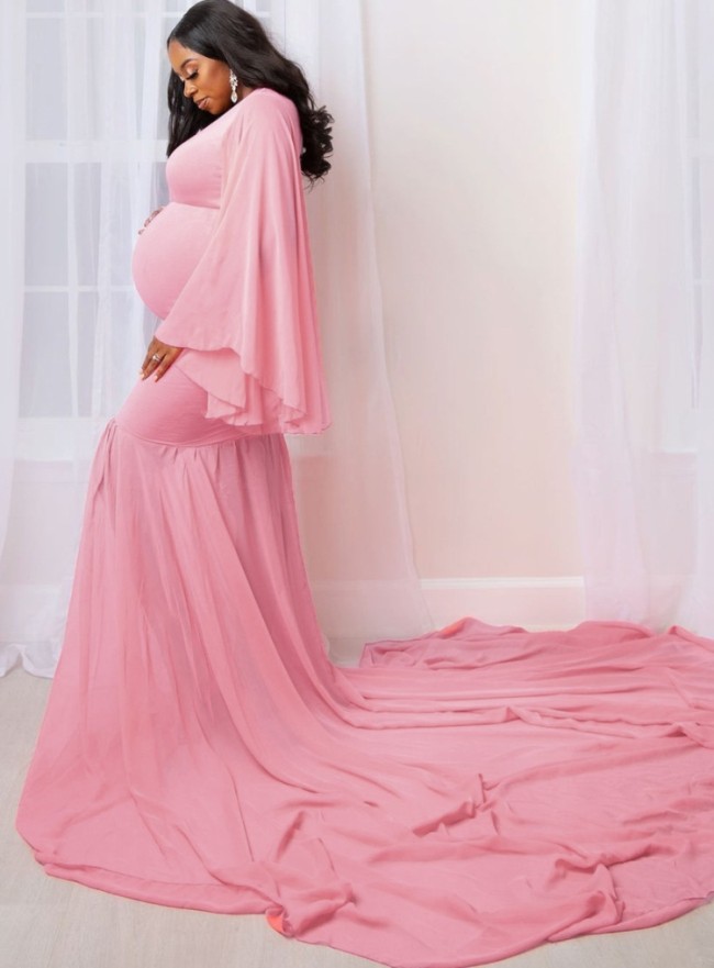 Spring/Autumn Pink Wide Sleeve Photography Maternity Gown