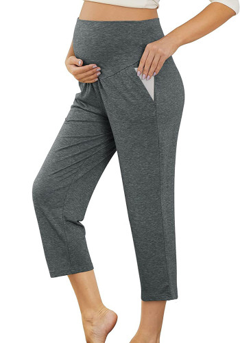 Summer Dark Grey Maternity High Waist Under-Knee Pocketed Yoga Pants