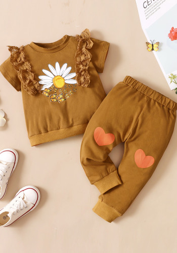 Kids Girl Summer Brown Floral Shirt and Pants Two Piece Set