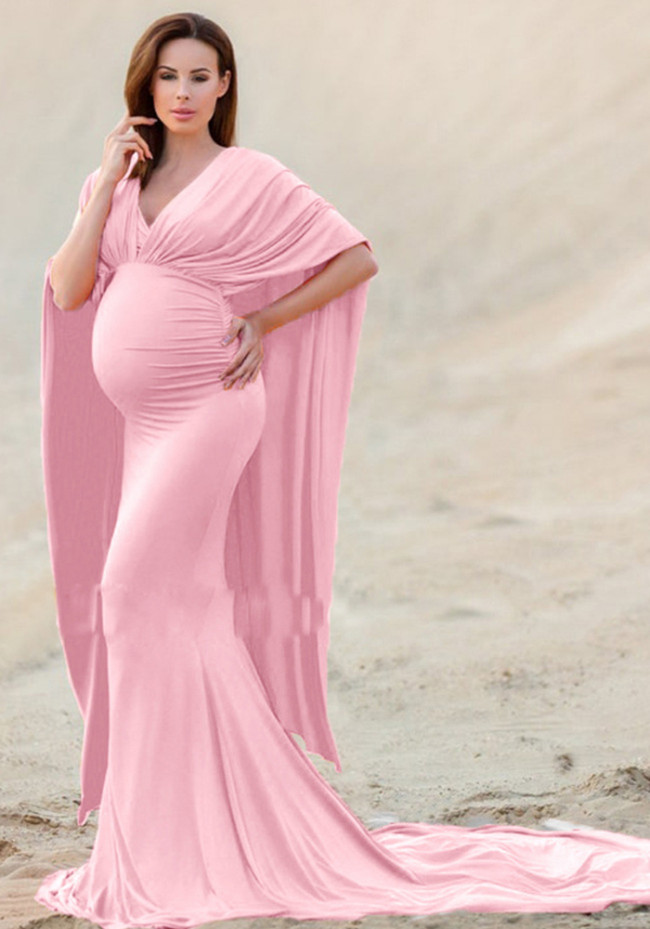 Summer Pink V-neck Half Sleeves Photography Maternity Dress