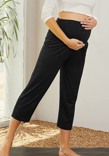 Summer Black Maternity High Waist Under-Knee Pocketed Yoga Pants