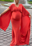 Summer Red V-neck Half Sleeves Photography Maternity Dress
