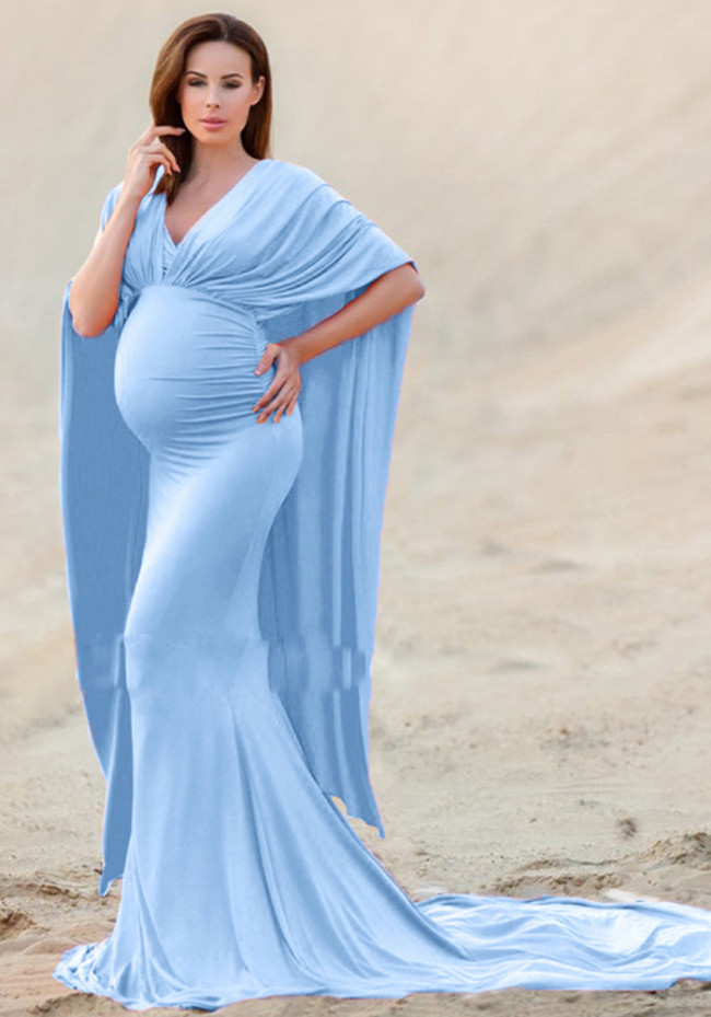 Summer Blue V-neck Half Sleeves Photography Maternity Dress