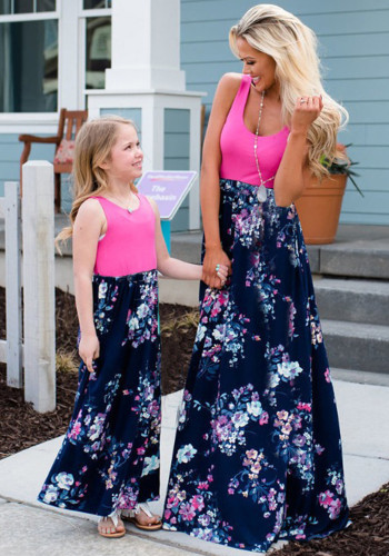 Mommy And Me Clothes Summer Casual Sleeveless Round Neck Floral Long Maxi Dress