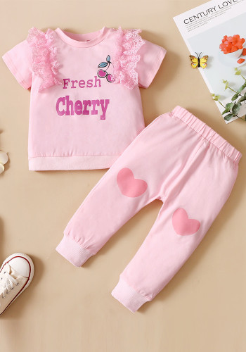 Kids Girl Summer Pink Cherry Shirt and Pants Two Piece Set