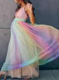 Summer Rainbow Print Strap Maternity Long Maxi Dress
