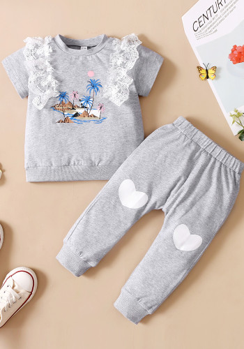 Kids Girl Summer Grey Seaside Shirt and Pants Two Piece Set