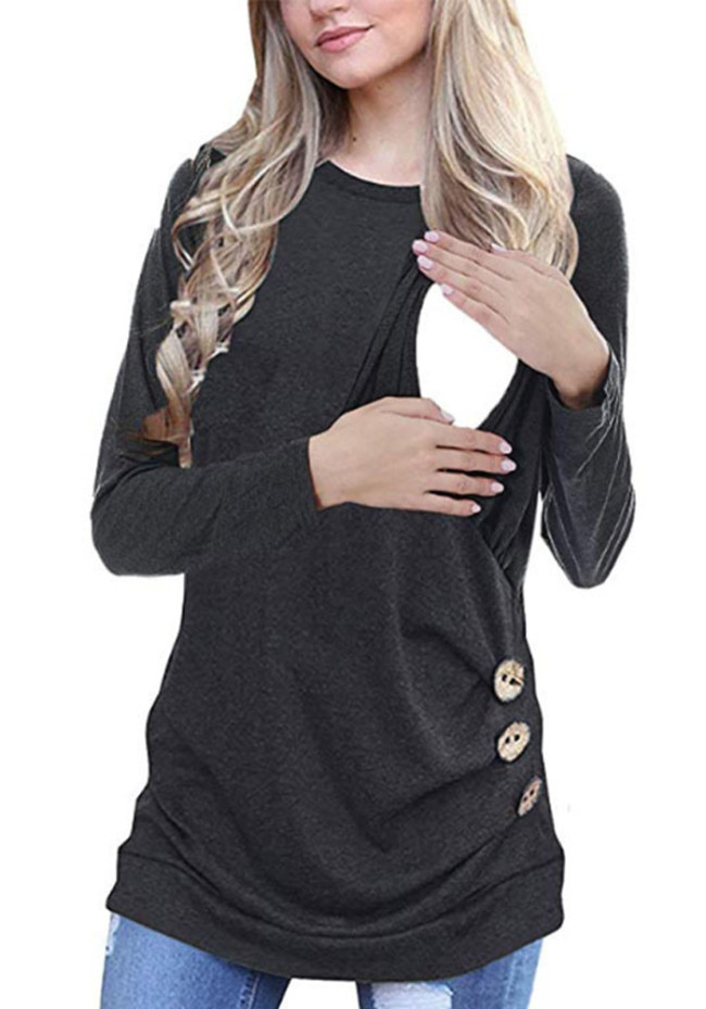 Spring/Autumn Black Round Neck Long Sleeve Maternity Wear Fashion Nursing T-Shirt