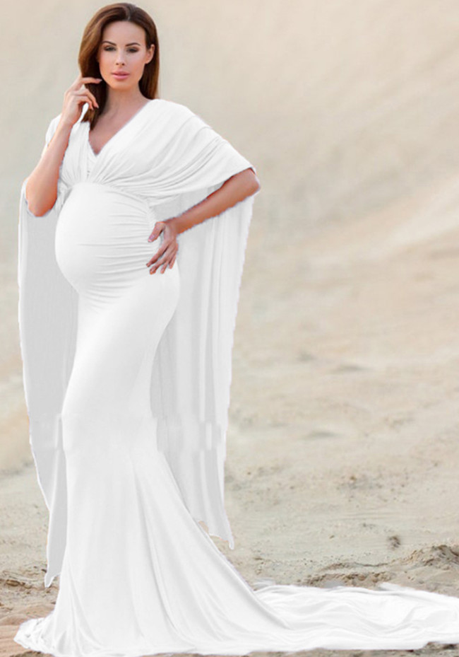 Summer White V-neck Half Sleeves Photography Maternity Dress