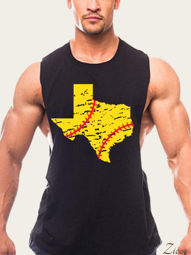 Texas Map With Baseball Men's Tank Loose Side Slit Shirt  Sleeveless Summer Hot  Cotton Shirt For Texans