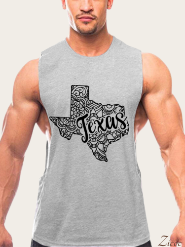 Texas Map With Aztec Pattern Men's Tank Loose Side Slit Shirt  Sleeveless Summer Hot Cotton Shirt For Texans