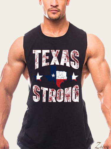 Texas Map With Texas Strong Men's Tank Loose Side Slit Shirt  Sleeveless Summer Hot  Cotton Shirt For Texans