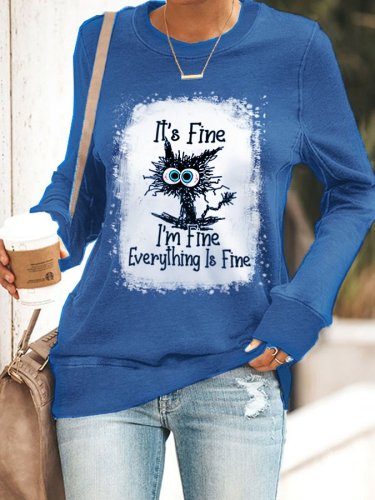 Women's It's Fine I'm Fine Everything is Fine V-Neck Faith Funny Cat Graphic Print Sweatshirt