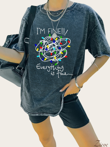 It's Fine,I'am Fine Everything is Fine Mineral Wash Cotton Vintage Black Color For Cowgirl Print Tee