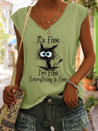 Women's It's Fine I'm Fine Everything Is Fine Shirt Funny Cat Graphic T-Shirt Top Tank