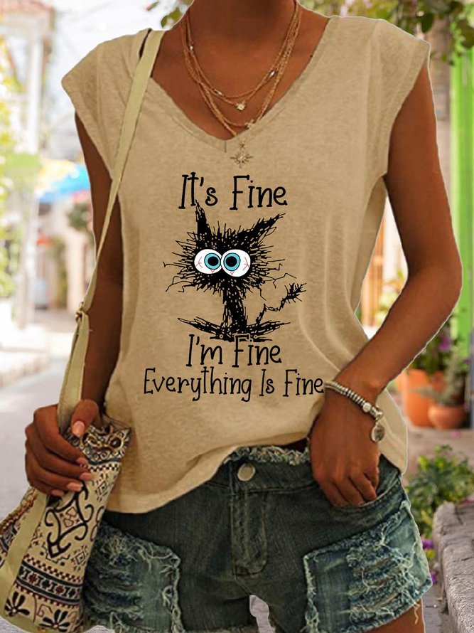 Women's It's Fine I'm Fine Everything Is Fine Shirt Funny Cat Graphic T-Shirt Top Tank