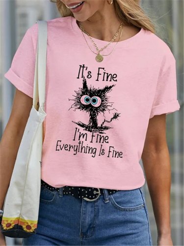 Women's It'S FINE I'm Fine Everything is Fine Cat Graphic Printed O-Neck Casual Short Sleeve T-Shirt