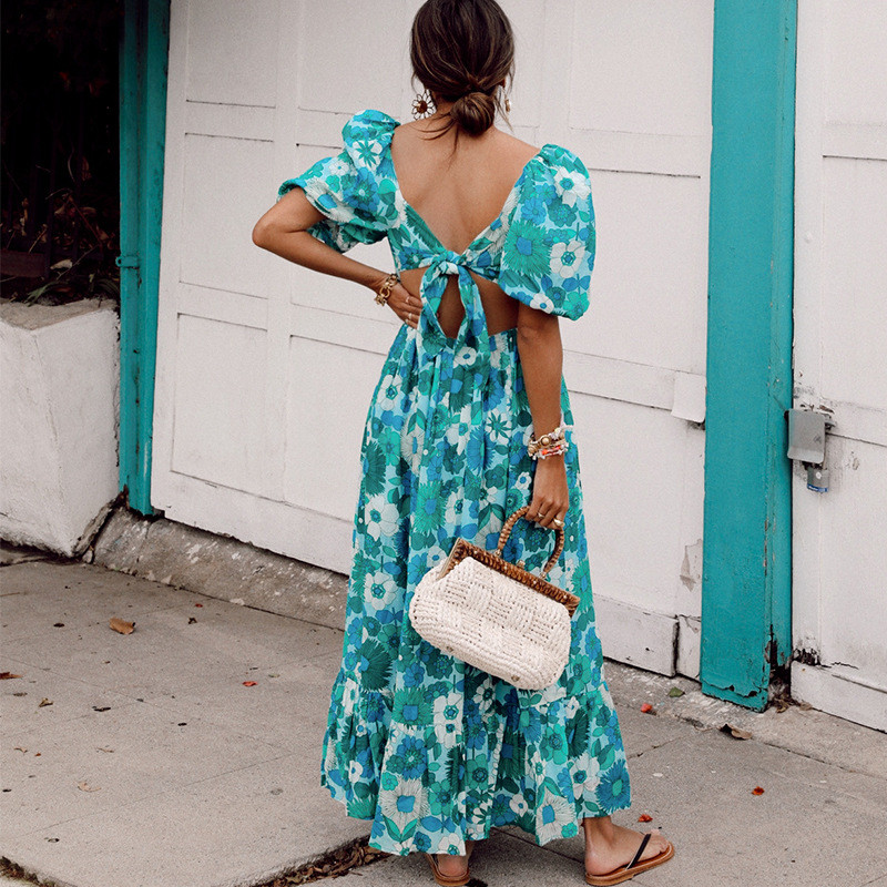 Summer Print V-Neck Open Back Tie Puff Sleeve Midi Maxi Dresses