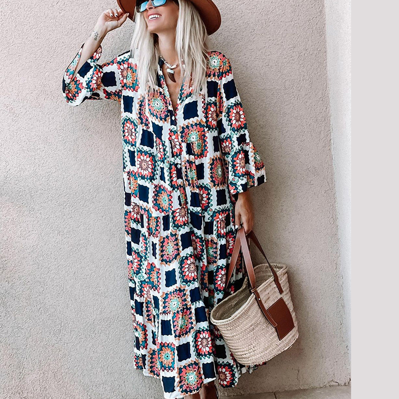 Fashion Print Flared Sleeve Swing Maxi Dress Women's
