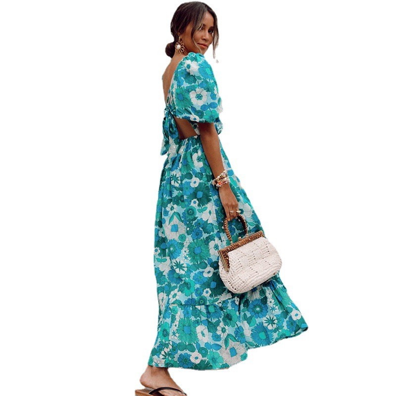 Summer Print V-Neck Open Back Tie Puff Sleeve Midi Maxi Dresses