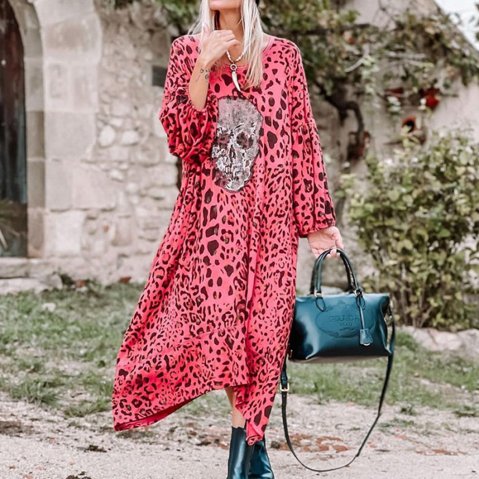 Printed Leopard Dress Casual Long Maxi Dresses