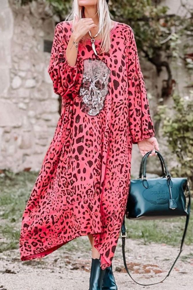 Printed Leopard Dress Casual Long Maxi Dresses