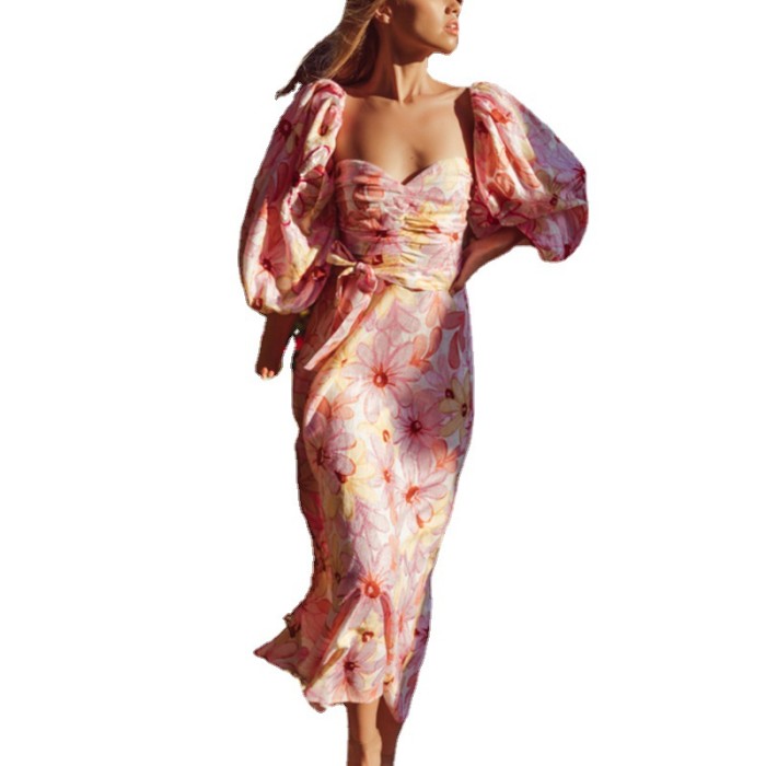 Sweet Fashion Puff Sleeve Print Slim Waist Women's Vacation Dresses