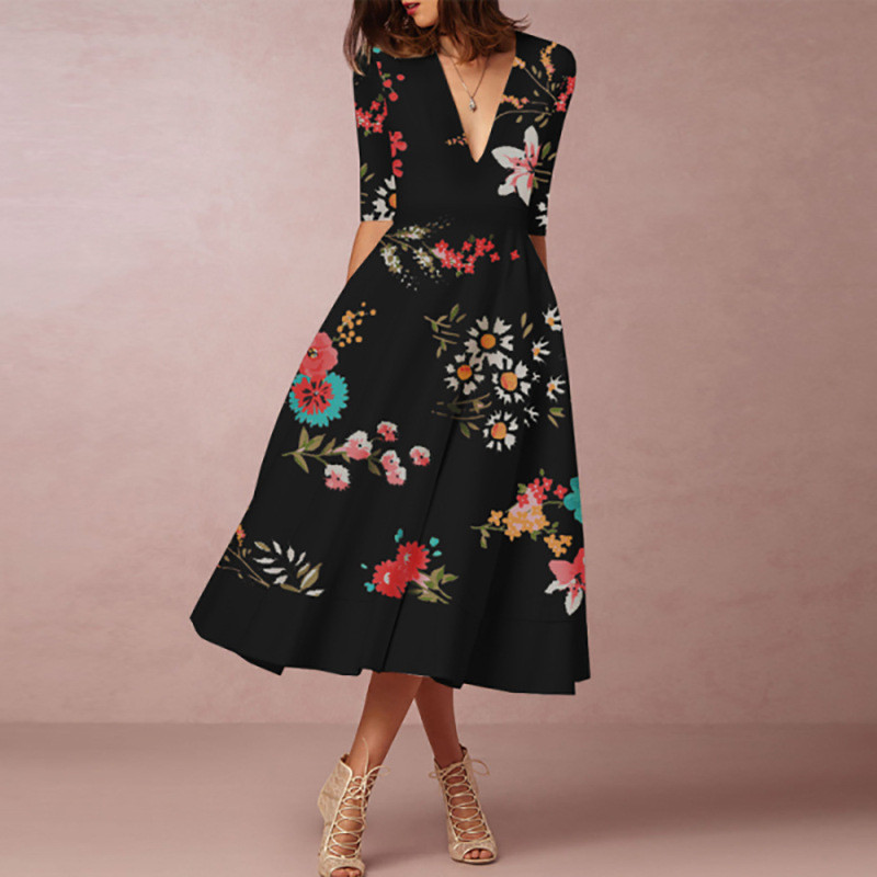 Double Collar Puff Sleeve A-Line Skater Midi