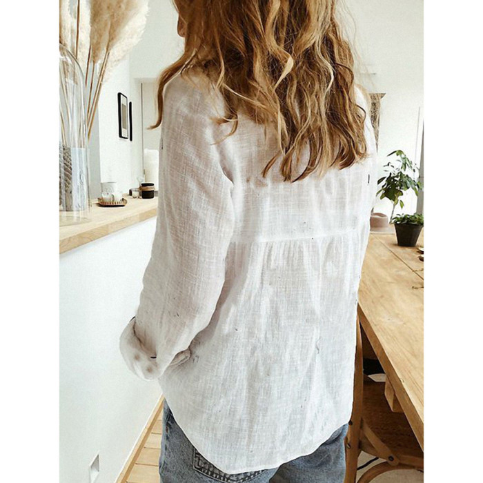 Casual Loose Long Sleeve Cotton Linen Shirt Blouse