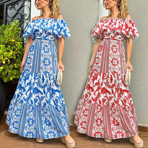 Women's Sexy Line Neck High Waist Boho Print Vacation Dresses