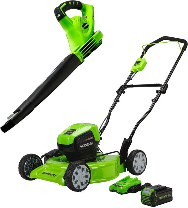 Greenworks 40V 19  Brushless Cordless Electric Lawn Mower, Sweeper, 4.0Ah Battery and Charger