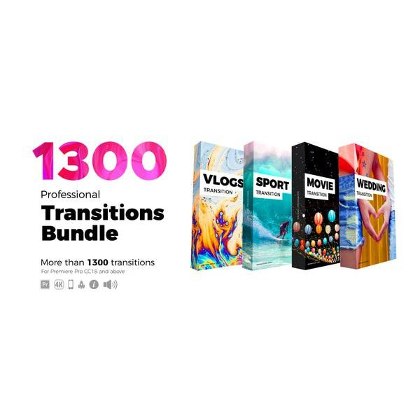 Adobe Premiere Pro - Transitions Bundle 4 in 1 (1300++  Professional Transition) - Full