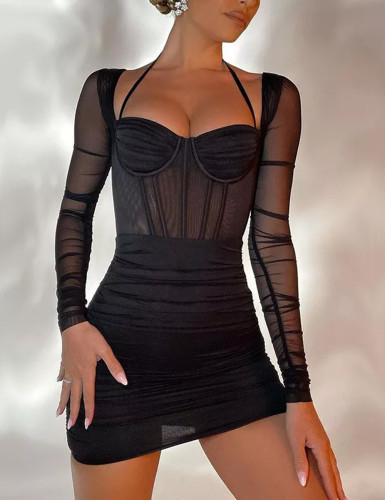 Wholesale Fishbone Pleated Long-sleeved Halter Neck Nightclub Bandage Dress