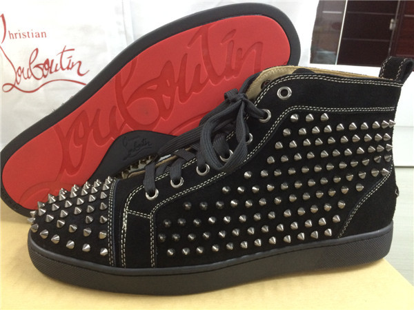 Super Max Perfect Christian Louboutin Black Suede Louis Spikes Men's Flat Sneaker With Glossy Red Sole(with receipt)